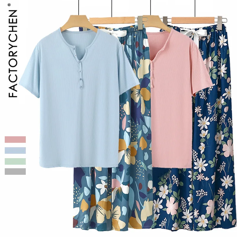 

Spring Summer 4*4 Tead V-Ne ort Sve Silk Blend Wide Leg Loose Home Spwear Set Comfortable Breathable Modal Fabric