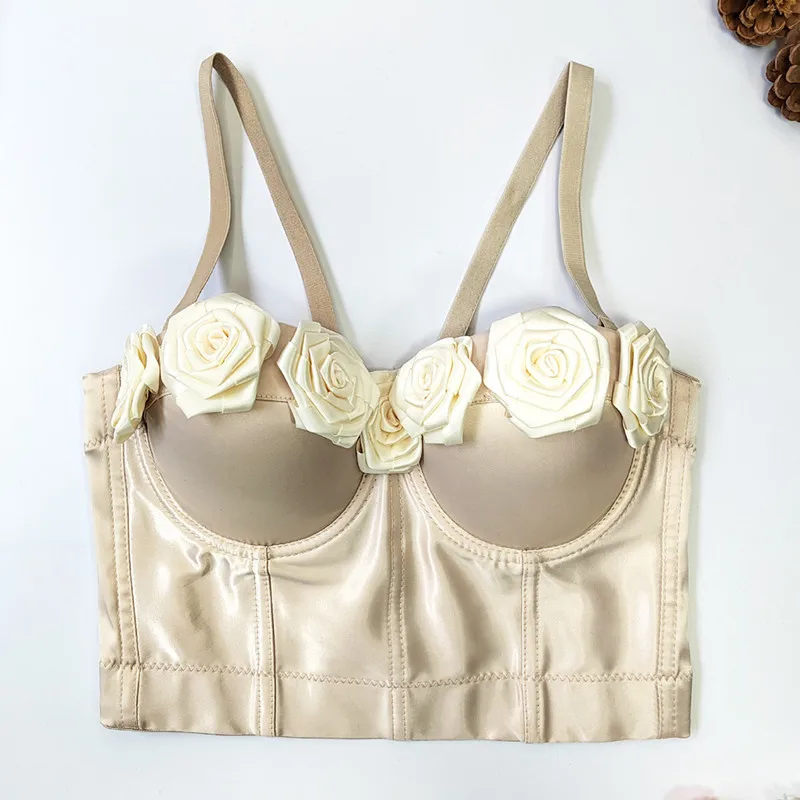 

French Style Design Satin 3d Flower Decoration Bustier Women High Street Push Up Bra Female Sexy Cropped Tops q169