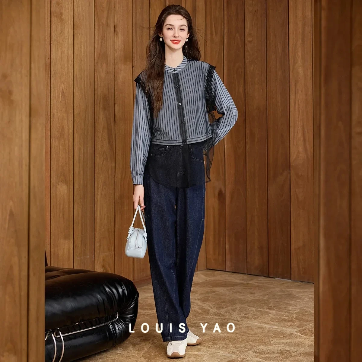 

LOUIS YAO Women's Blouses 2025 Autumn Elegant Stand Collar Drop-Shoulder Sleeve Lace Contrast Panel Cardigan Women's Shirt