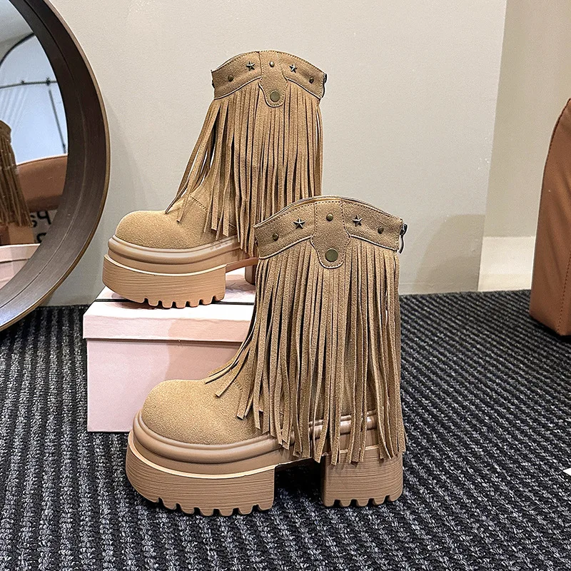 

Черные ретро-ботильоны на массивной платформе 9 см с заклепками и кисточками из нубука для женщин, весенние, в западном стиле