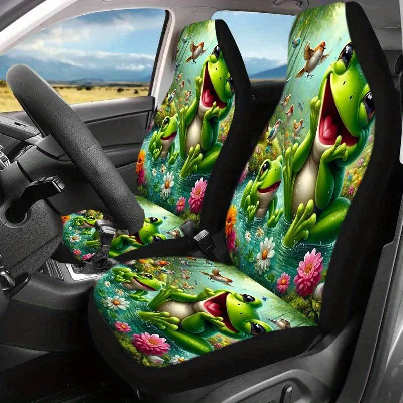 2 Happy Frog Theme Car Seat Covers 2pcs Set - Universal Seat Cover For Cars, SUVs, Trucks, Front Seat Coverings, Vivid Pattern D