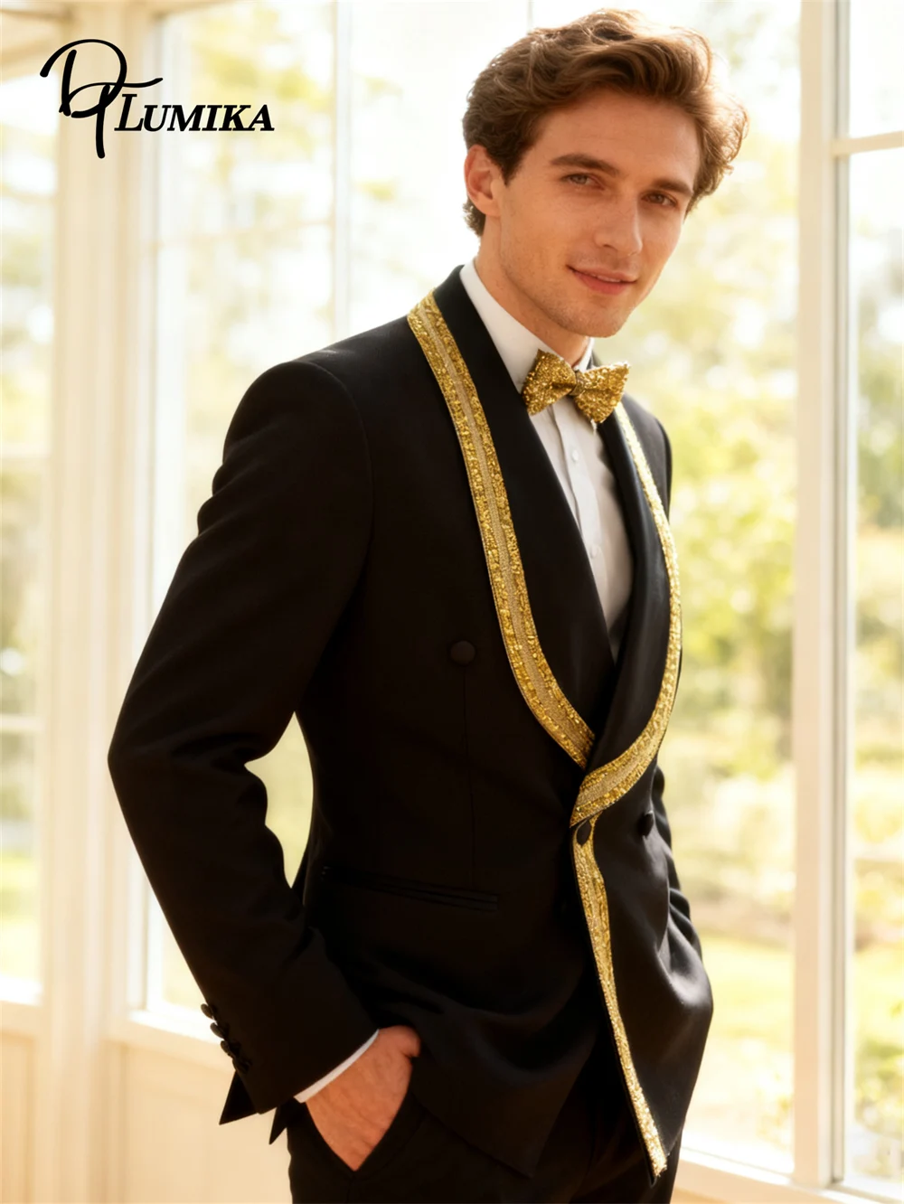 

DTLumika Gold Beaded Suit Set for Men, Stylish Designer Mens 2 Pieces Suit, Wedding Suit Groom & Bestman, Black Formal Tuxedo