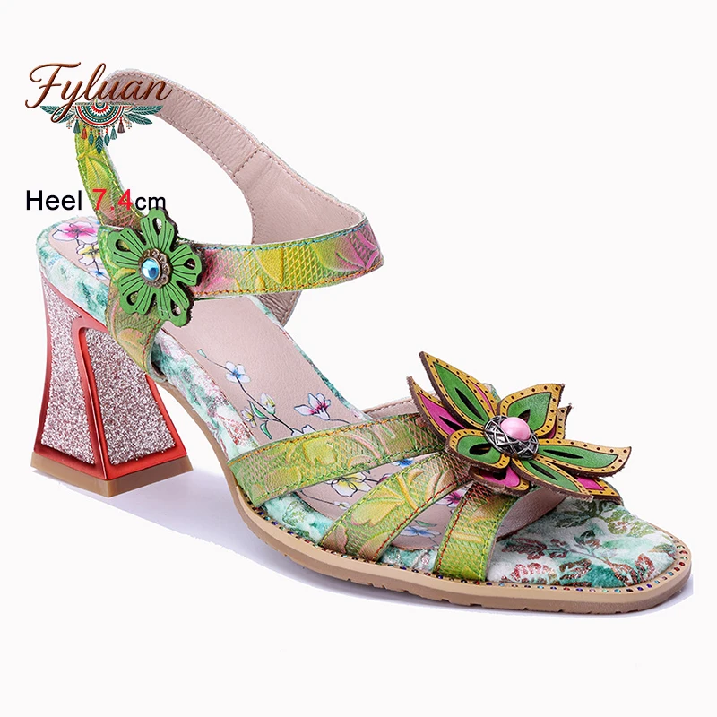 

Fashion Summer Green Women's Sandals Chunky Heels 7.4cm Ankle Straps Ladies Pumps Comfy Three-dimensional Flower Bohemian Shoes