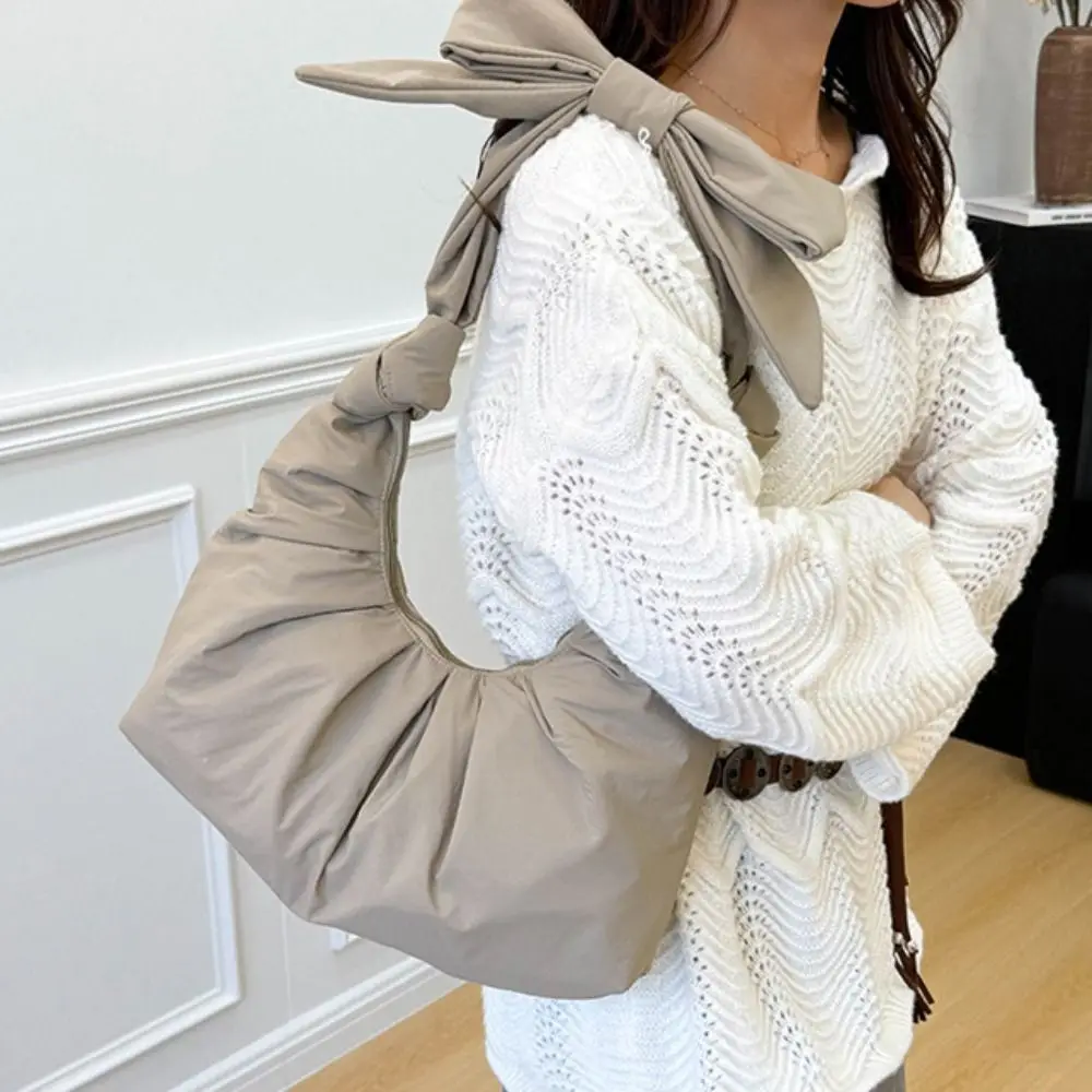 

Casual Sweet Pleated Bow Tote Bag Bowknot Korean Style Nylon Dumplings Bag Pure Color Minority Design Cloud Bag Travel