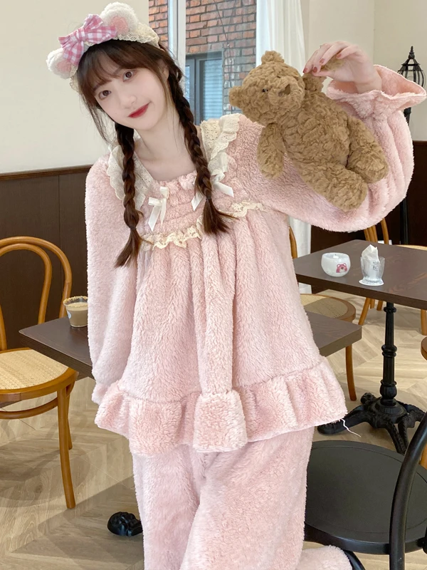Winter Coral Fce Spwear Women\'s Cute Lace Long Sve Thi Plu Home Clothes Sweet Sle Loose Fit Comfortable Soft