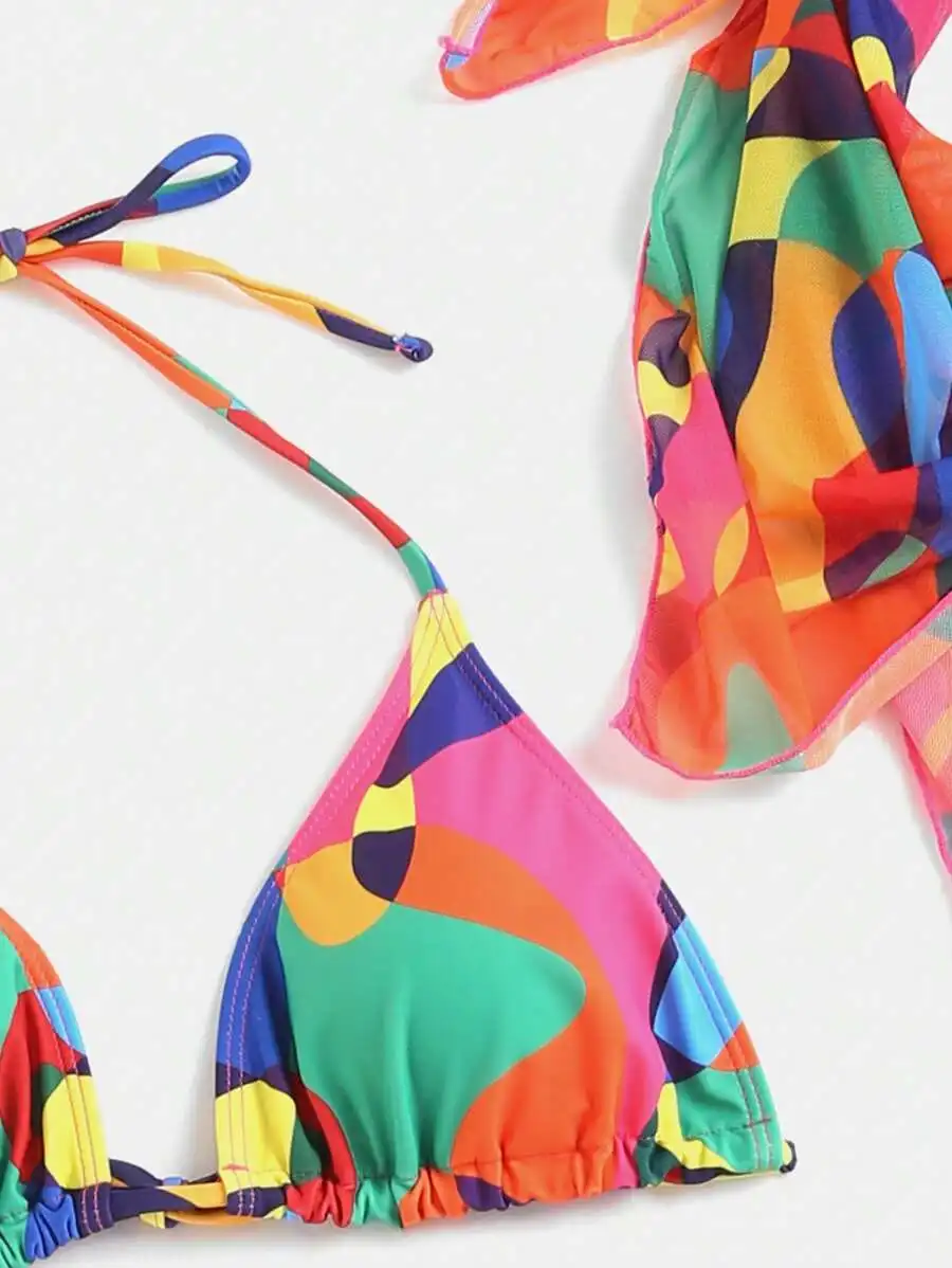 Swim Vcay Bathing Suits Women Summer Beach Allover Print Halter Triangle Bikini Set With Beach Skirt & Bandana