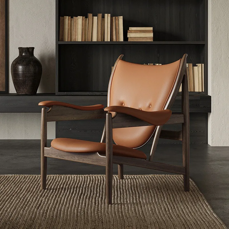 

Nordic chief chair Italian solid wood balcony designer retro leather single chair sofa chair