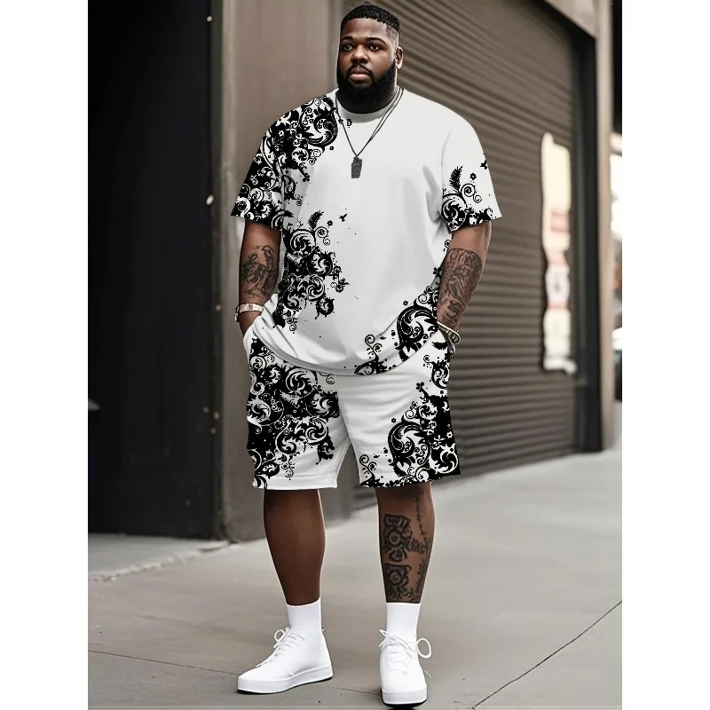 

2025 Latest Fashionable Simple Large Casual Outdoor Sports Summer Men's 2-piece 3D Digital Printed Short Sleeve Shorts Set