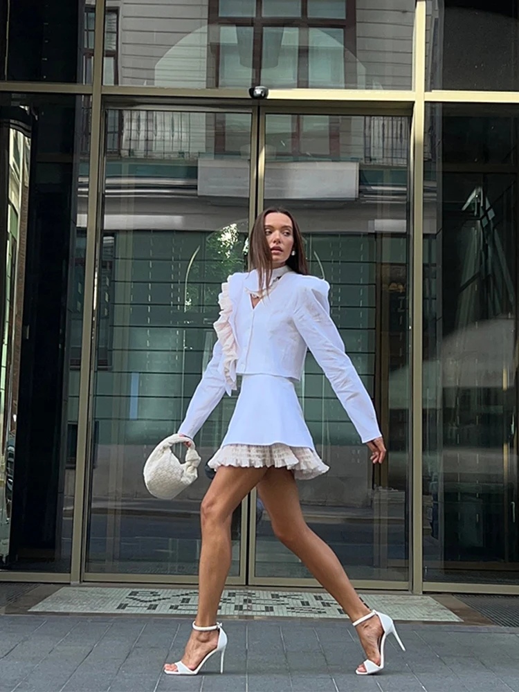 

White Linen Ruffle Two-Piece Set Asymmetric Neckline Long Sleeve Crop Top High Waist Mini Skirt Women's Elegant Casual Outfit