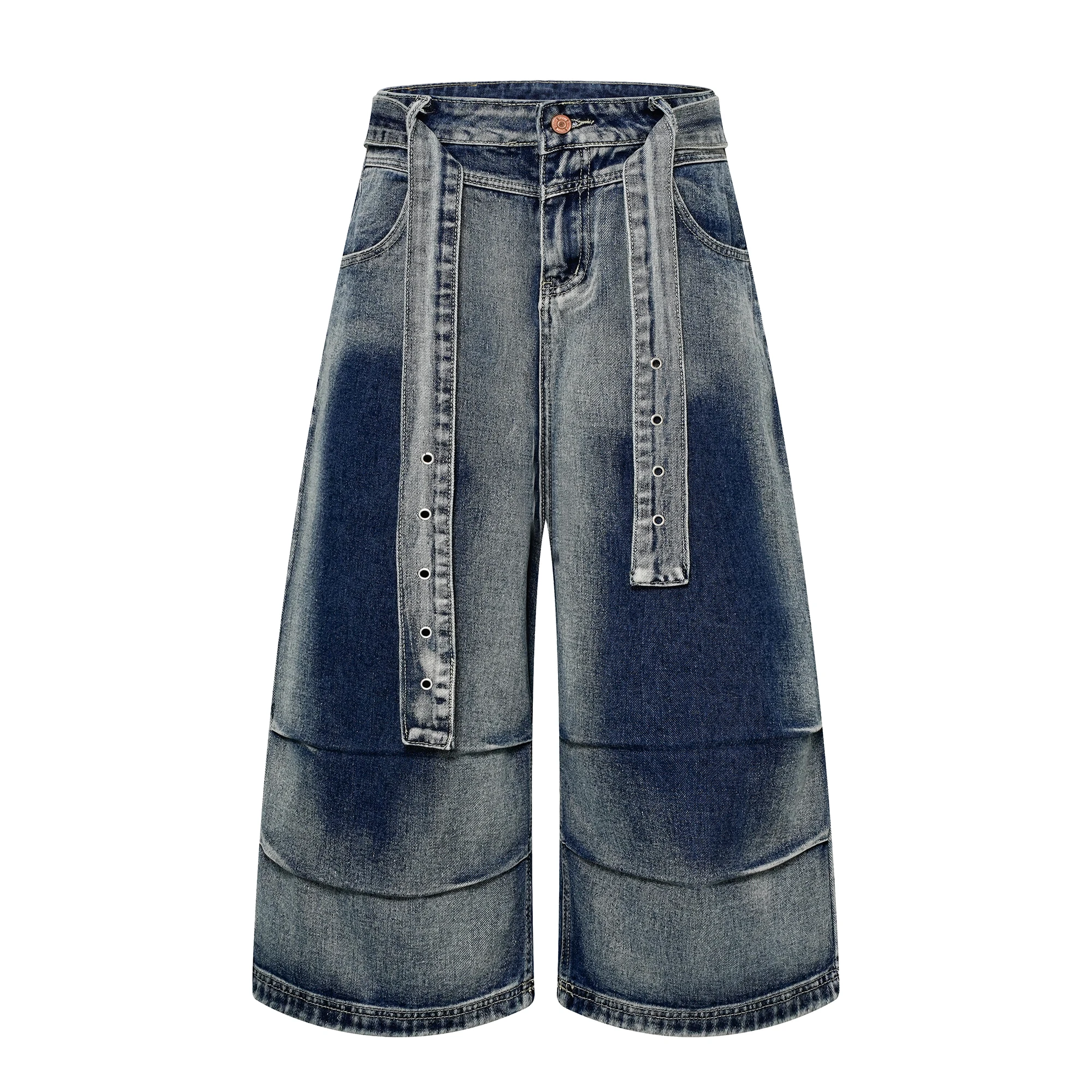 

Men's Washed Denim Culottes Baggy Wide Leg Cropped Jeans with Detachable Belt Y2K Streetwear Oversized Distressed Jean Shorts