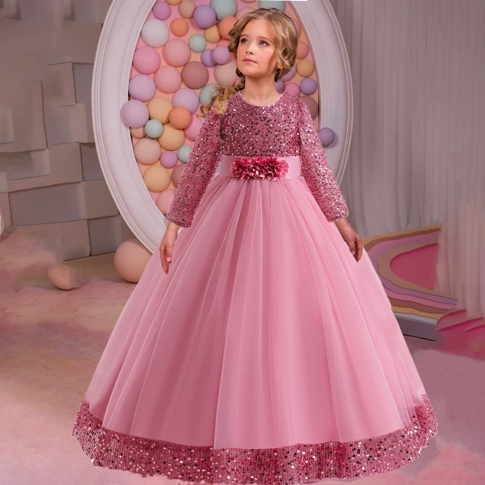 Long Sleeve Sequin Bridesmaid Girls Dresses Elegant Tulle Flower Wedding Princess Kids Party Dress for Girl Bow Chrismas Costume