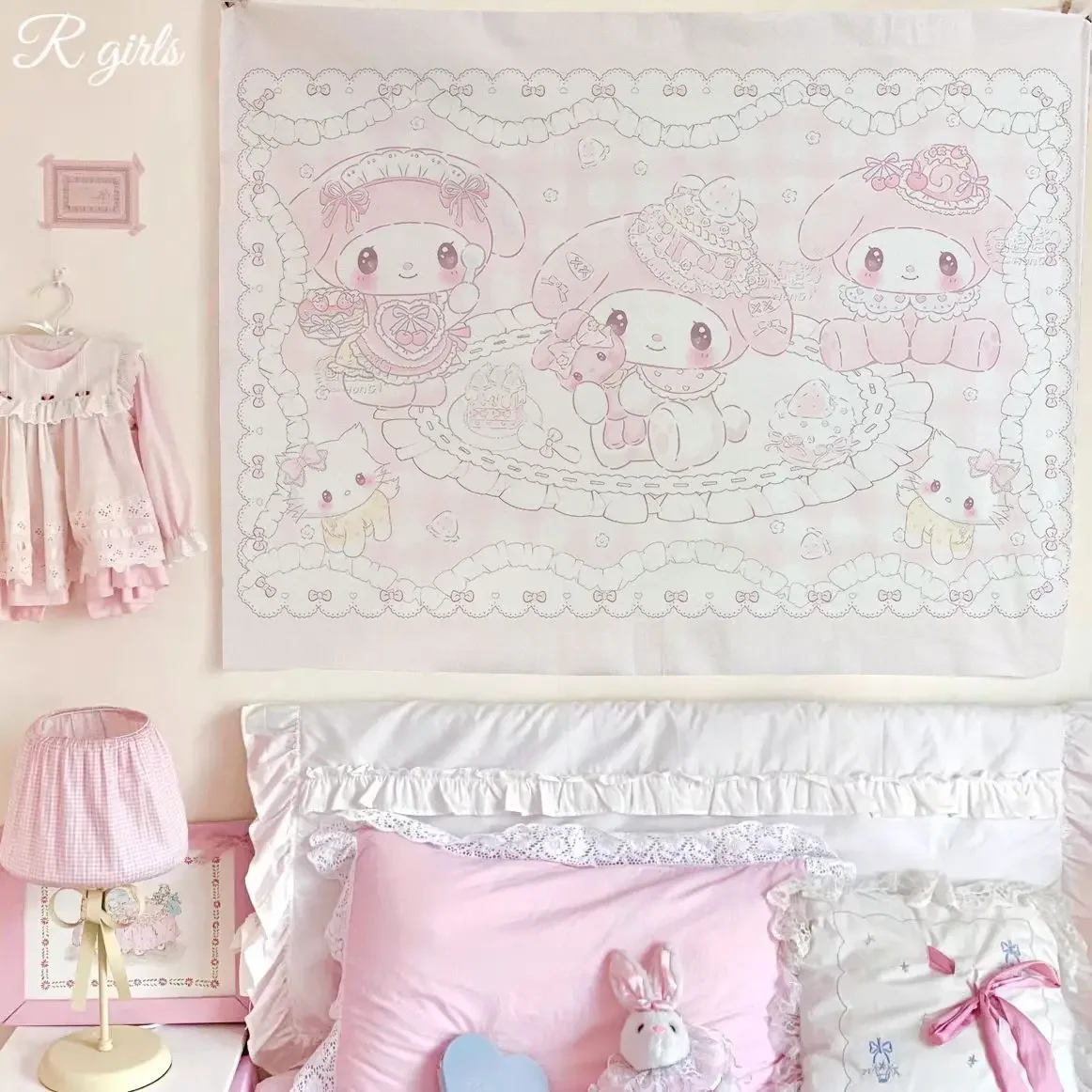 Ins-Style Süße My Melody Wandteppiche, Mädchenhaftes Herz-Wandbehang für Wohnheim, Schlafzimmer & Mietwohnung