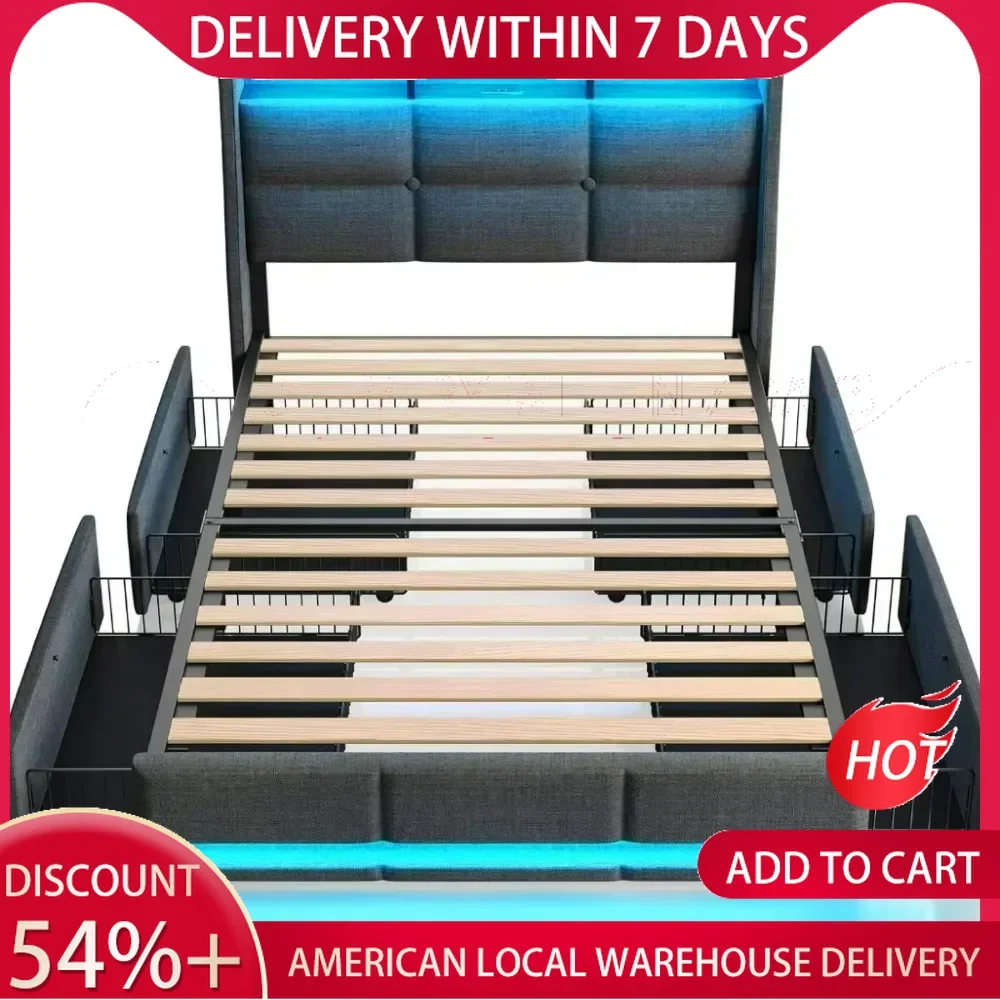 Beds Frame with LED Lights Charging Station,Upholstered Bed Storage Headboard,Drawers,Heavy Duty Wood Slats furniture bunk