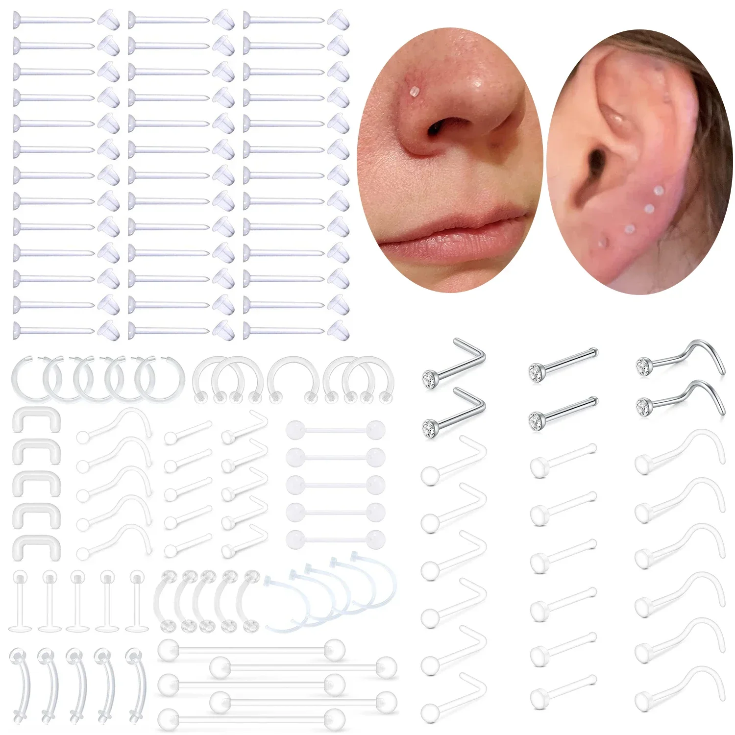 Mixed Set Clear Piercing Retainers Flexible Lip Ear Nose Tongue Rings Nipple Rings Cartilage Earrings Piercing Retainer
