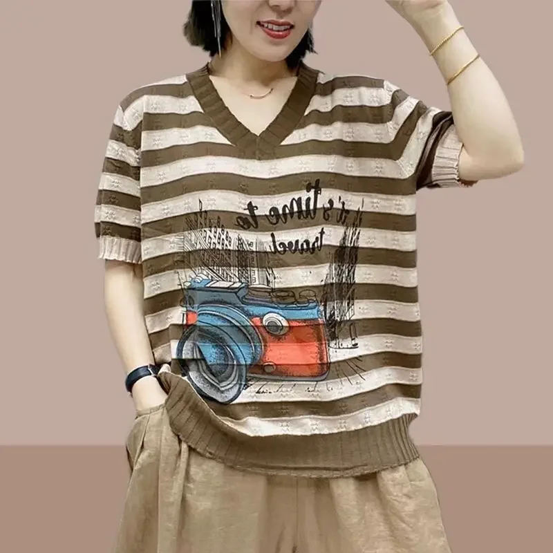 

Women's Clothing All-match V-Neck Loose Pullovers Casual Stylish Striped T-shirt New Summer Thin Knitted Commute Letter Printed