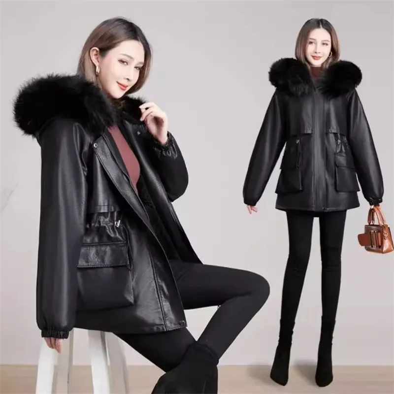 Big Fur Collar PU Leather Coat Women\'s Cotton-Padded Jacket Long 2024Autumn Winter New Parkas Korean Overcome Female Outwear Top