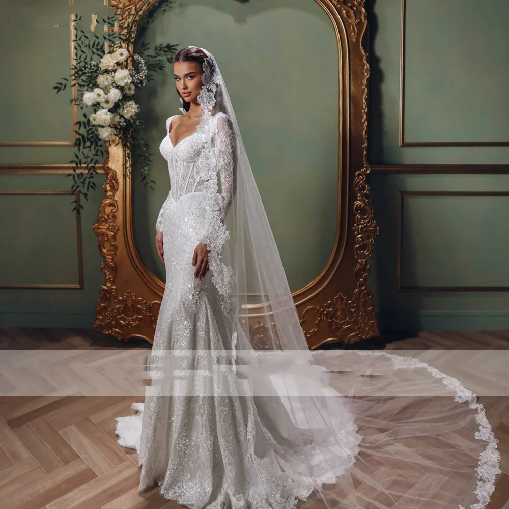 Customized Elegant Mermaid Lace Wedding Dresses Illusion Long Sleeves Pearls Beaded Bridal Dress Court Train Vestidos De Novia