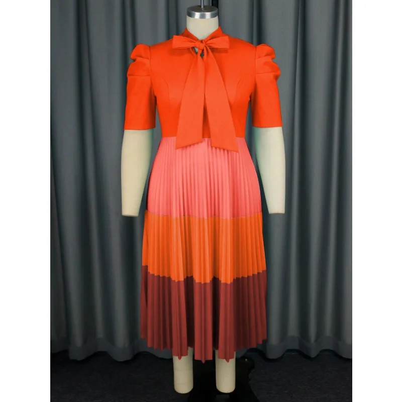 

Elegant Church Dresses for Women Pleated Blue A Line Color Block Mock Neck Bowtie Short Sleeve High Waist Party Gowns Summer New