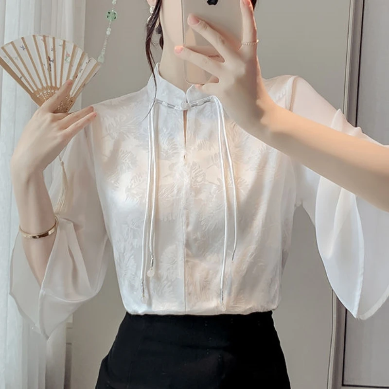 2024 Summer Chinese Style Fashion Slim Fit Half Sleeve Blouses Solid Slash Neck Bandage Embroidered Spliced Women\'s Shirt Top