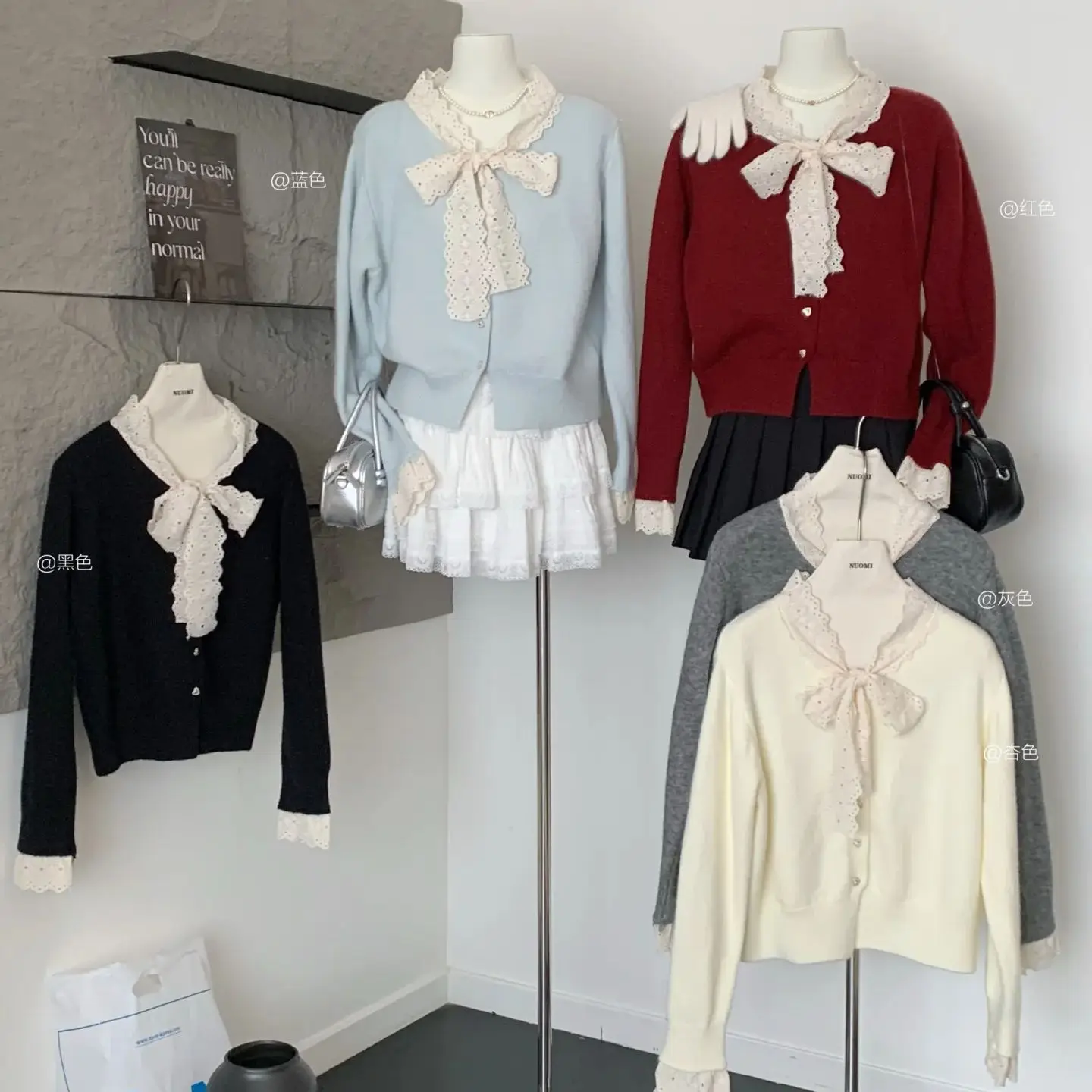 

French romantic stitching bow tie puff sleeve sweater women autumn and winter lace collar long-sleeved top