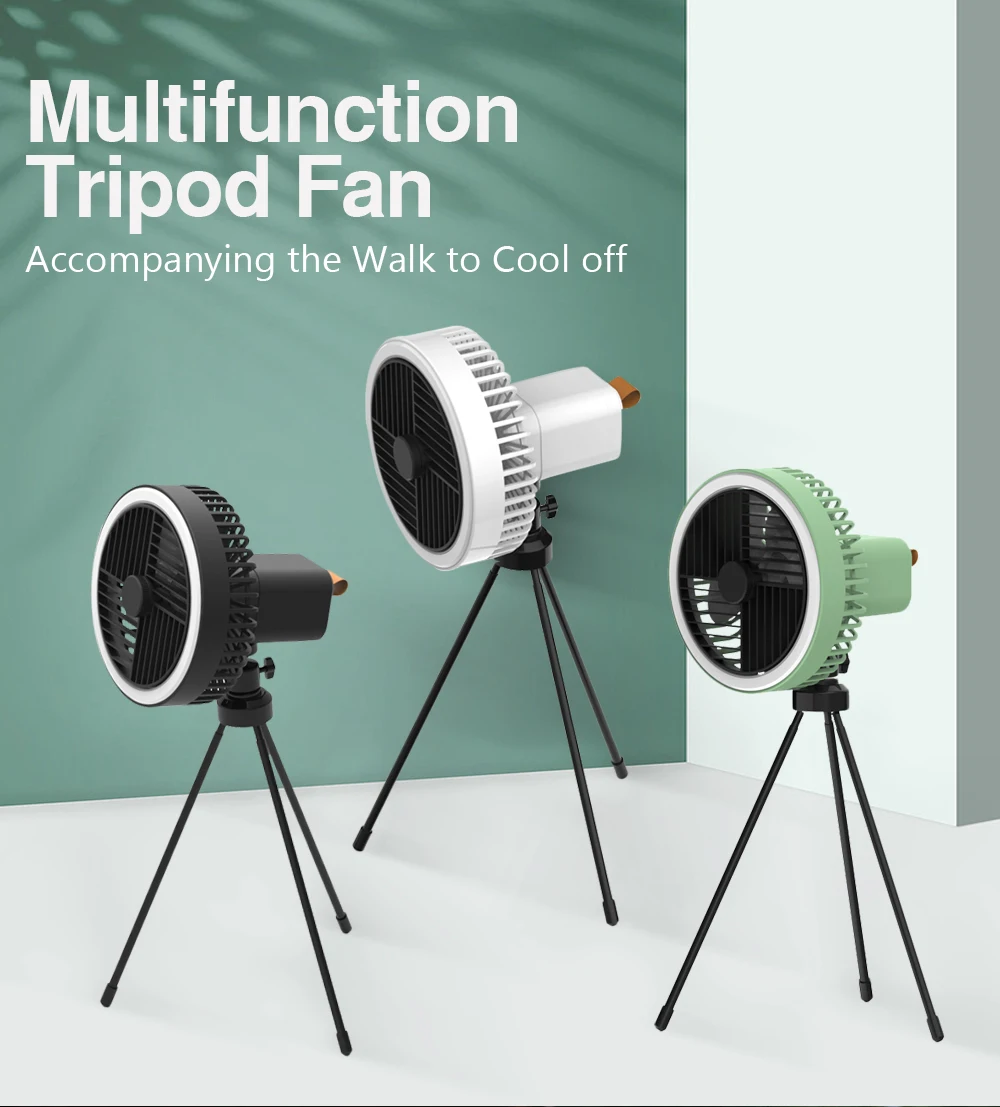 Multifunction Portable Electric Camping Fan Rechargeable Desktop Tripod Stand Cooling Ceiling Fan with LED for Outdoor Traveling