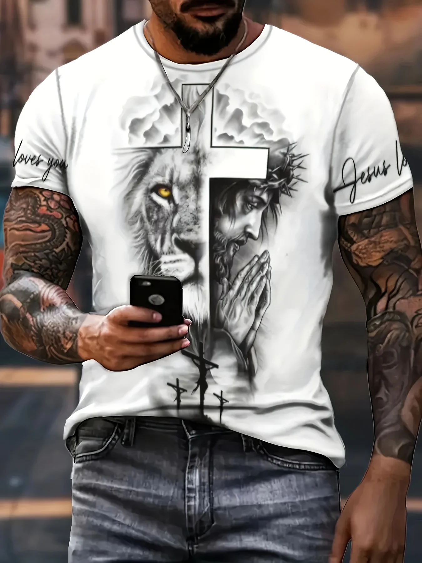 Men's Lion Jesus Cross Faith Print T-Shirt Casual O-Neck Short Sleeve Religious Graphic Tee Daily Tops