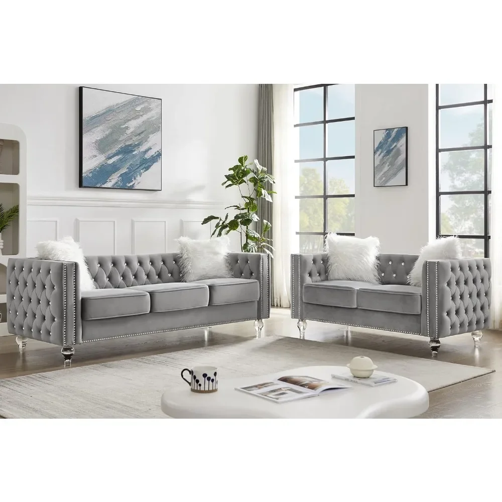 

Velvet Loveseat Sofa Couch Set for Living Room, Modern Decor Furniture Tufted Sofa Set with Nailhead Acrylic Legs and 2 Pillows