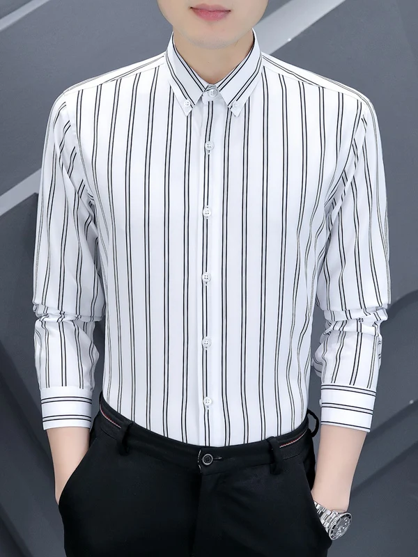 

Men's Slim Fit Long Sleeve Shirt Striped Button up Collar Anti Wrinkle Versatile Korean Style Black White British Style Sprin...