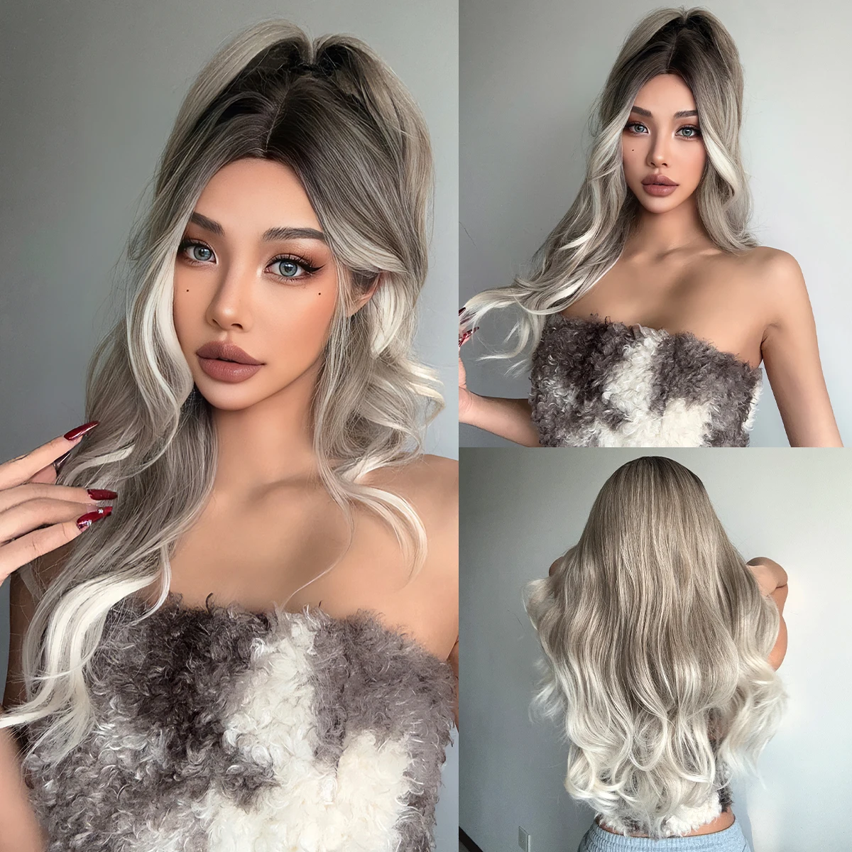 Long Synthetic Wigs Water Wavy Brown Ombre Gray Platinum Middle Part Curly Wig for Black Women Afro Natural Heat Resistant Fibre