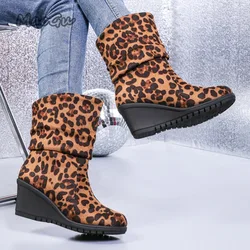 Women's Round Toe Short Boots Autumn Winter New Leopard Slip-On Ankle Booties Pleated Wedge Botines Para Mujeres Size 35-40