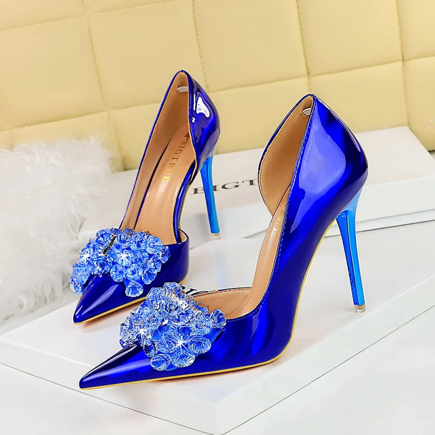 Spring Autumn Women High Heels Rhinestone Green Blue Pointed Party Pumps Glossy Leather Bling Crytsal Nightclub Shoes 18188-H27