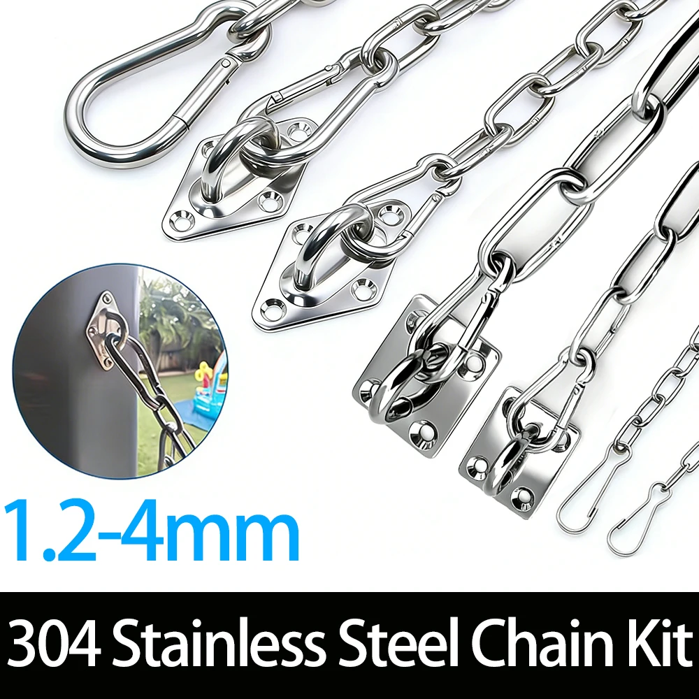 304 Stainless Steel Chain Kit 1.2-4mm with Heavy-Duty Square Diamond Eye Hook Spring Buckle for Swing Hammock Clothesline 1-5M