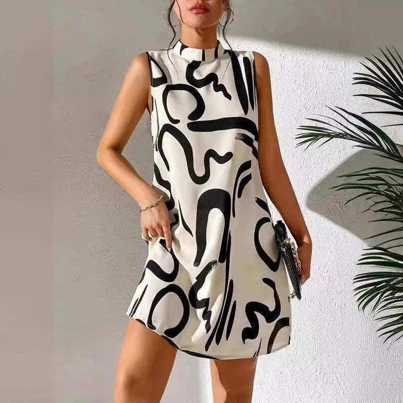 2024 Summer Style Women Print Mini Dresses Fashion Holiday Stand Collar Vestido Sleeveless Tank Robe Chic Party Beach Sundress