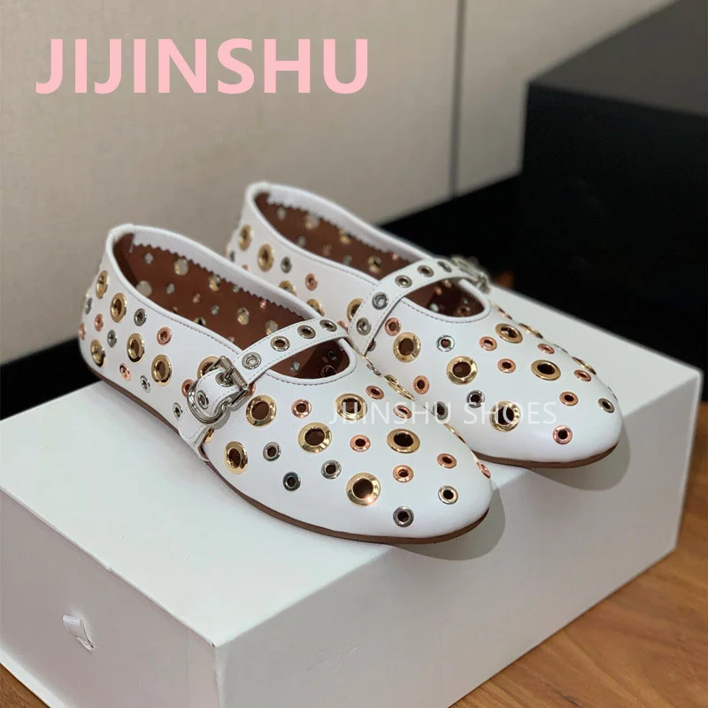 Mary Jane Hollow Out Genuine Leather Solid Color Women's Ballet Shoes 2024 Summer New Lightweight Women's Casual Shoes