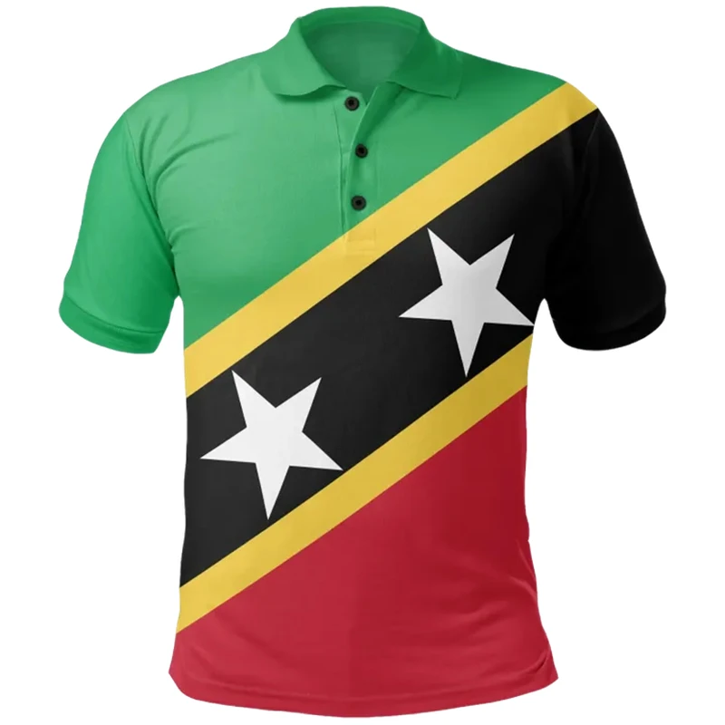 Men's Saint Kitts and Nevis Flag Polo Shirts Summer 3d Print T Shirt Casual Short Sleeve Tops Daily Casual Lapel Oversized Tees