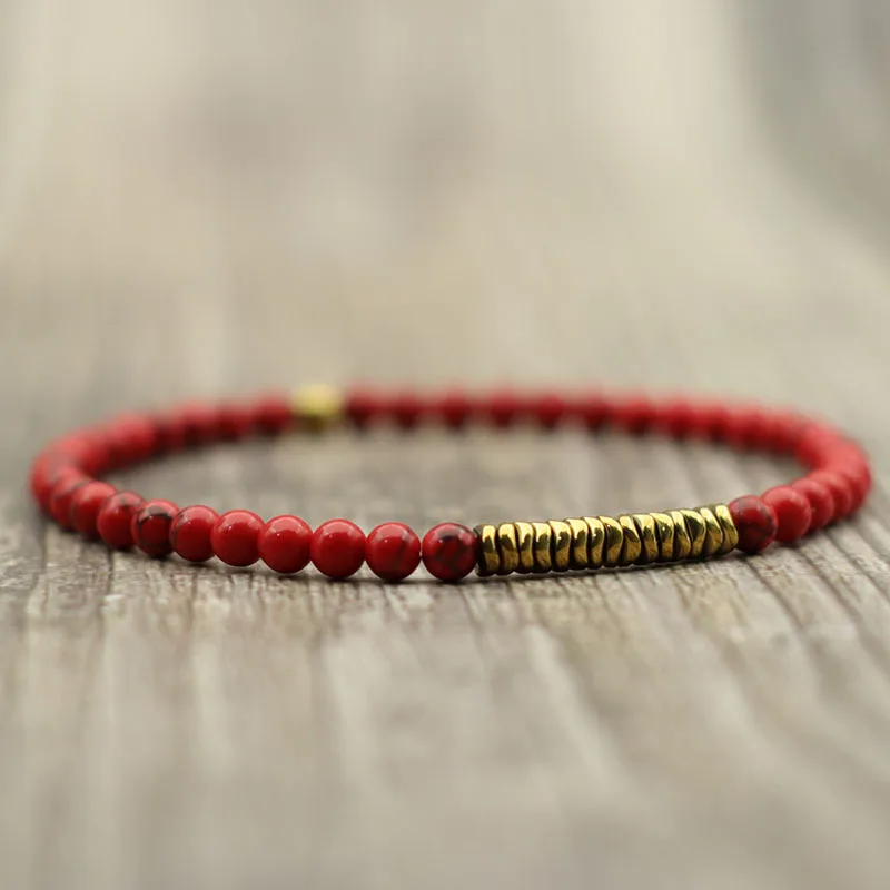 Simple Gold Color Hematite 4mm Small Beads Bracelet for Men Handmade Beaded Lava Fossil Stone Braslet Homme Charm Braclets