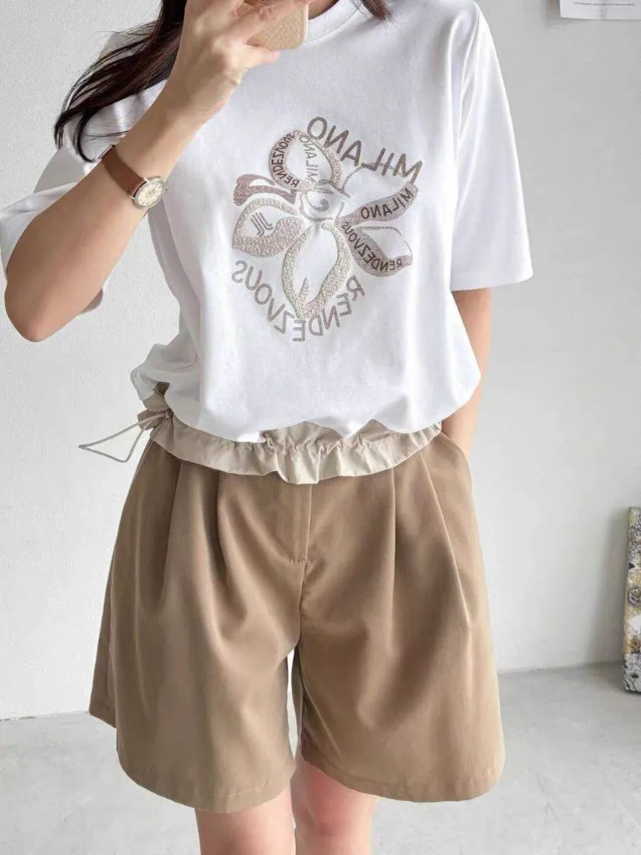 

Floral Pattern Loose ort Sve round Ne Women's T-irt Dstring Waist Design Dongda Gate Sle Summer Casual Top