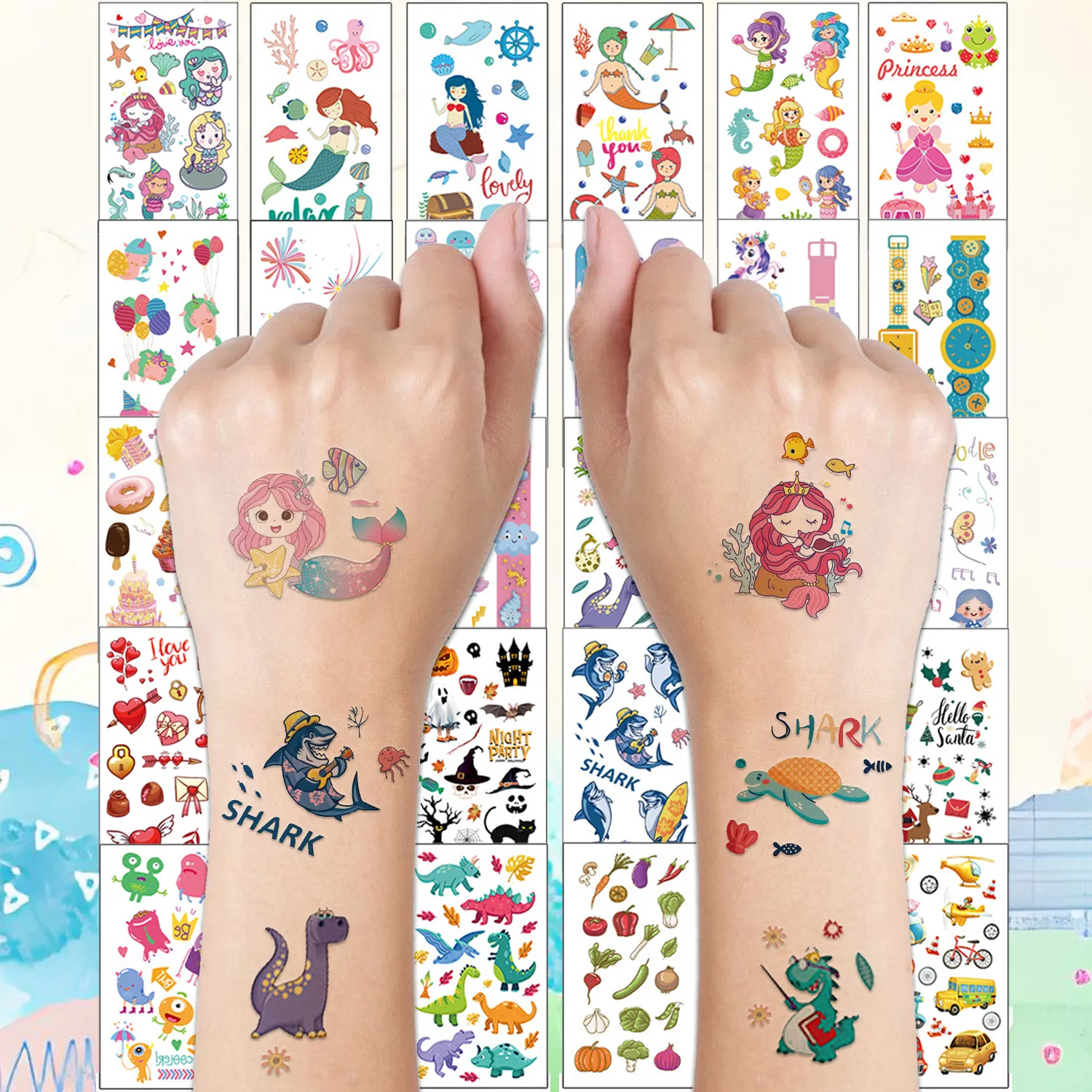 

30 Sheets Cartoon Temporary Tattoo All Themes Like Mermaid Tattoo, Princess Tattoo, DinasoursTattoo, SharkTattoo, Halloween Tatt
