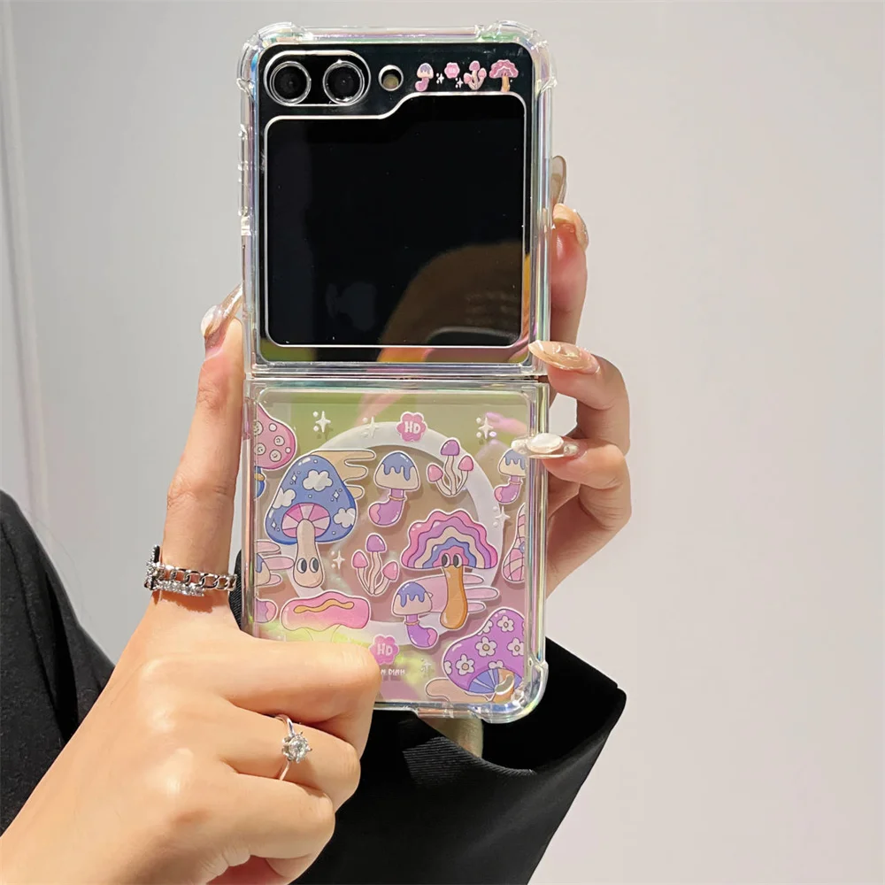 Magnetic Laser Reflective Colored Mushroom Clear Case For Samsung Galaxy Z Flip 5 4 3 Flip5 Flip4 Flip3 zFlip5 Mag safe Covers