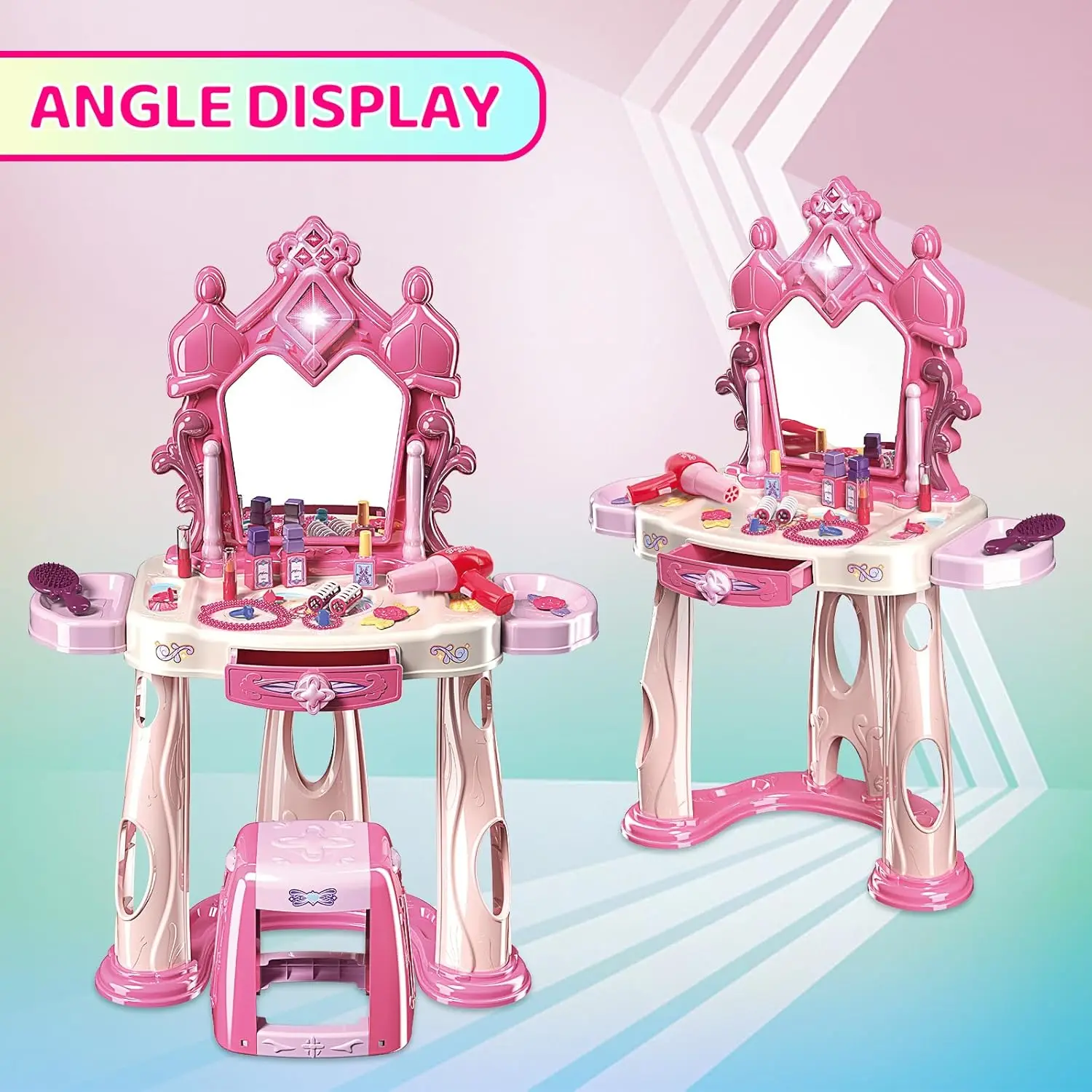 Dressing Table Role Play Set Toy Kids Girls Pink Vanity Mirror Make Up Desk Beauty Sets Toy Play for Pre-Kindergarten Children