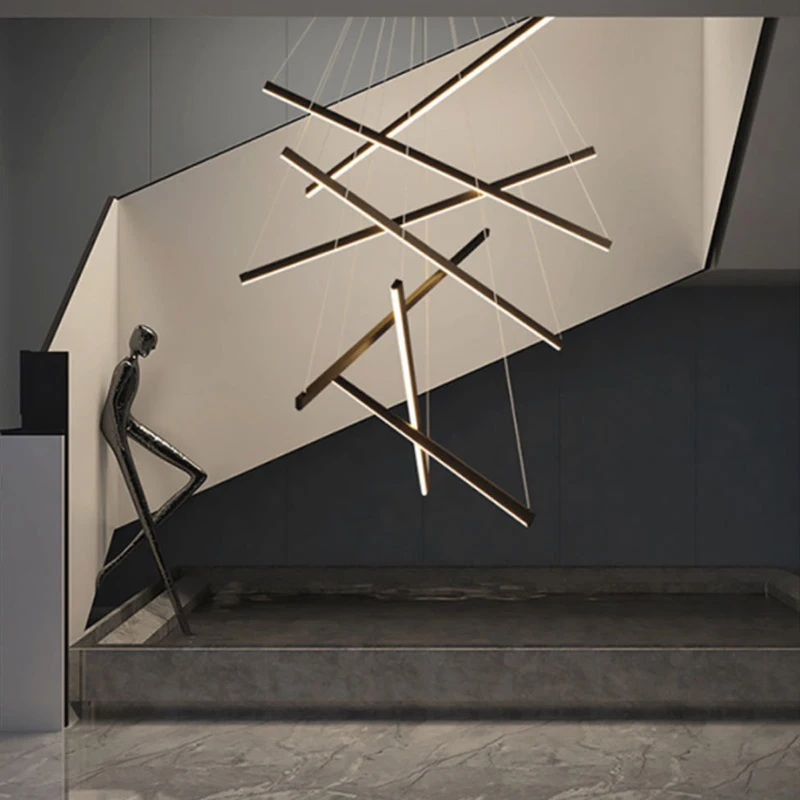 

Nordic Linear Chandelier Modern Led Minimalist Light For Duplex Building Highrise Hotel Showroom Revolving Stair Hall Light