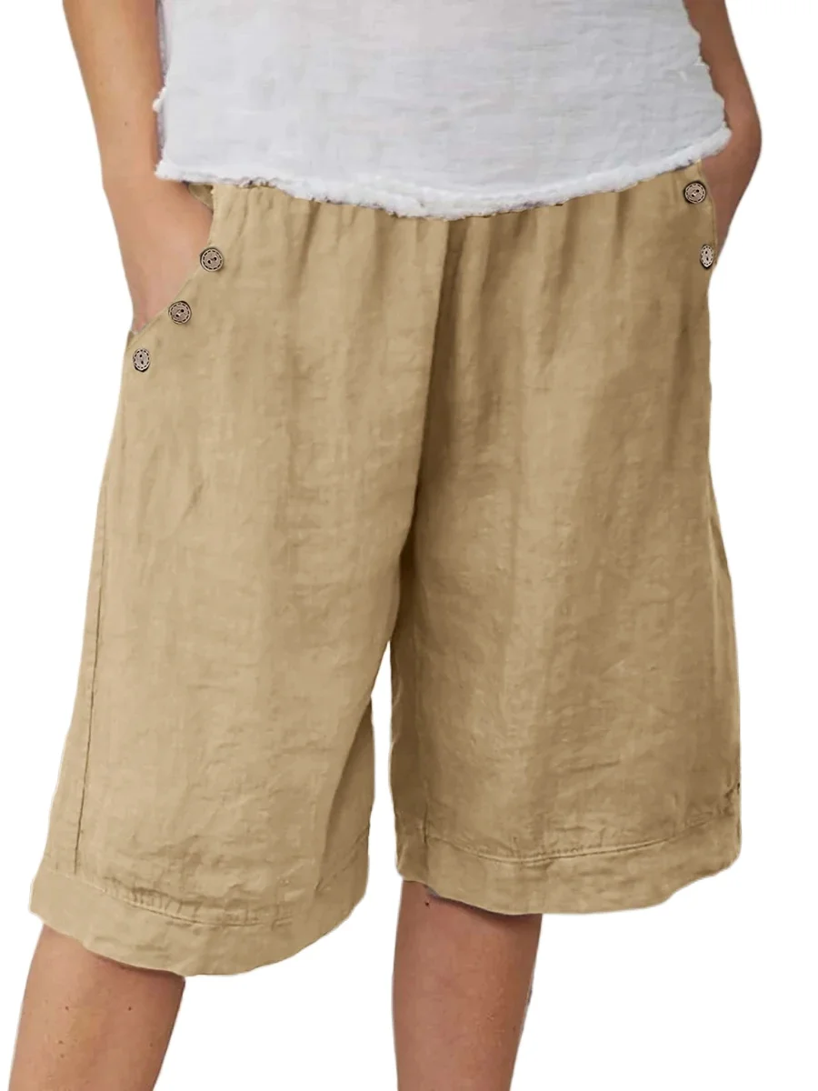 New Women's Casual Wide Leg Knee Length Shorts High Elastic Waist with Buttons Pockets Summer Beach Loose Fit Outfits
