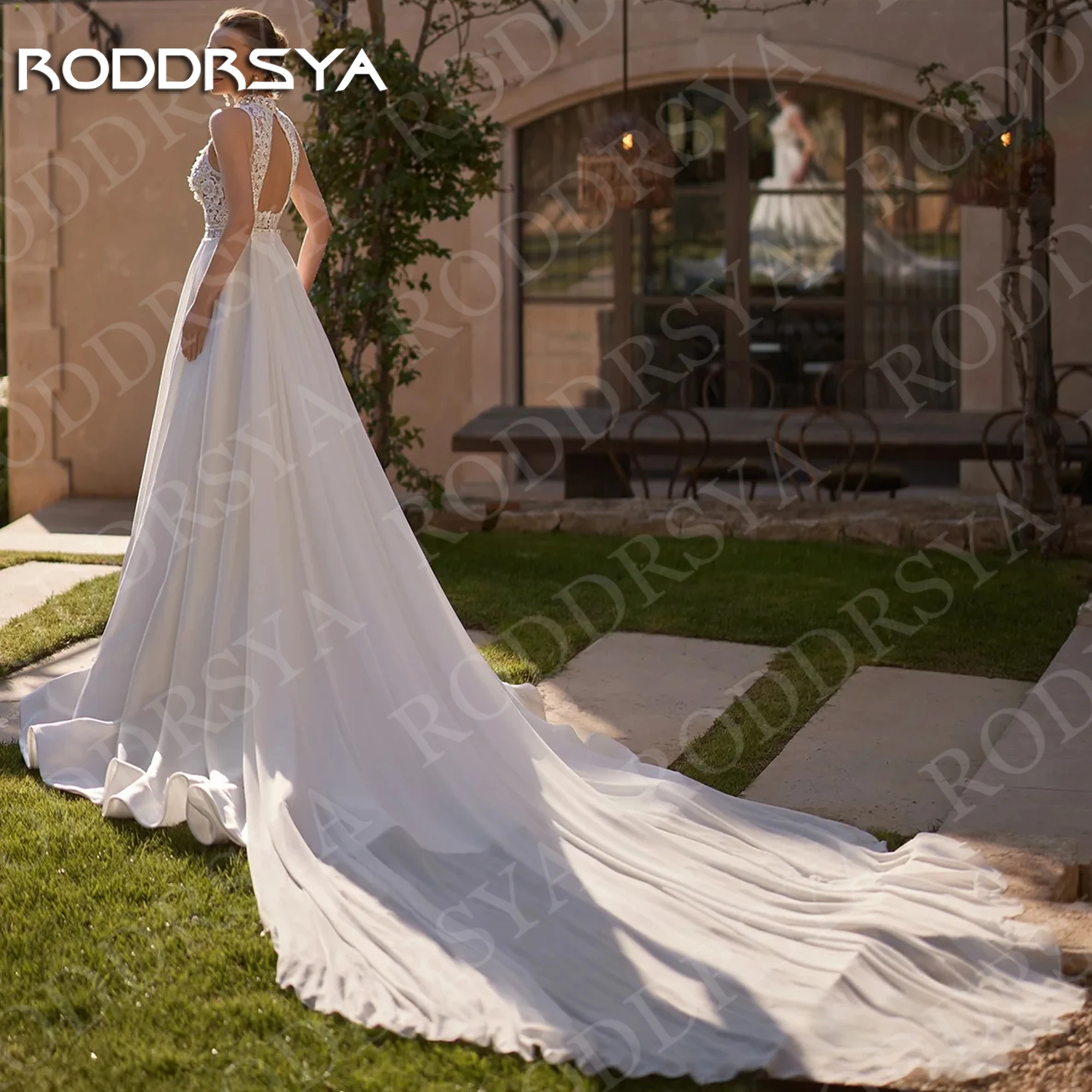 RODDRSYA High Neck Wedding Dress Sleeveless Vintage Bohemian Lace A Line Bridal Dresses Open Back Customized Vestido De Novias