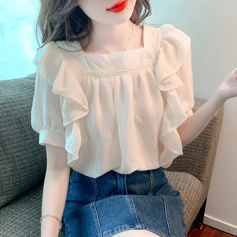 

Женская одежда для работы Белый укороченный летний офисный наряд Корейские стильные классические рубашки Шифоновый формальный женский топ с рюшами и оборками и блузки