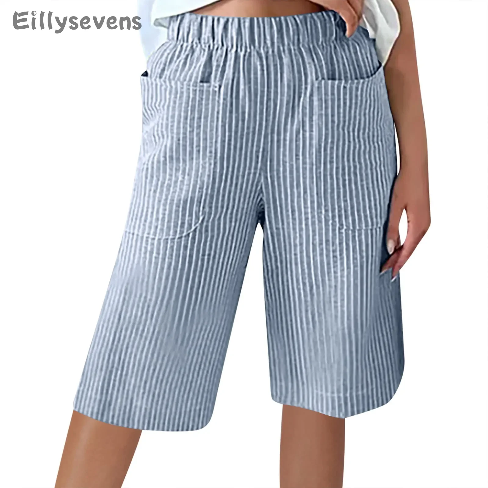 Women Fashion Striped Printed pants Elastic Waist Casual Five Points Pants With Pockets Outdoor sports pants Comfort pantalones