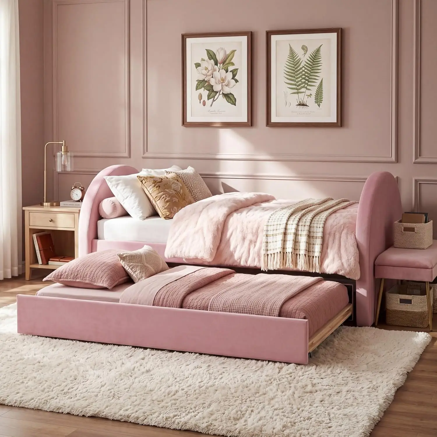 

Upholstered Daybed Frame with Trundle, Wood Twin Size Daybed with Headboard and Footboard for Kids Teens Girls, No, Customized