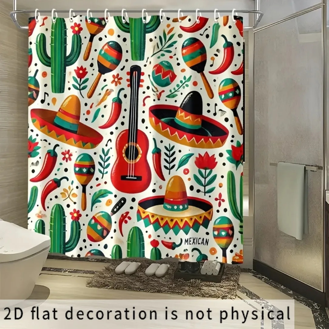 Mexican Fiesta Shower Curtain, Cactus Guitar Sombrero Pattern Waterproof Bath Curtain, Latin Tropical Decor for Bathroom Party