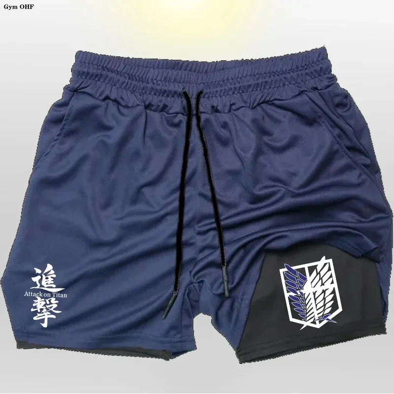 Anime Attack On Mens Gym Quick-Dry Jogging Shorts Fitness Workout Running 2 in 1 Short Pants Men Sports Bodybuilding Sweatpants
