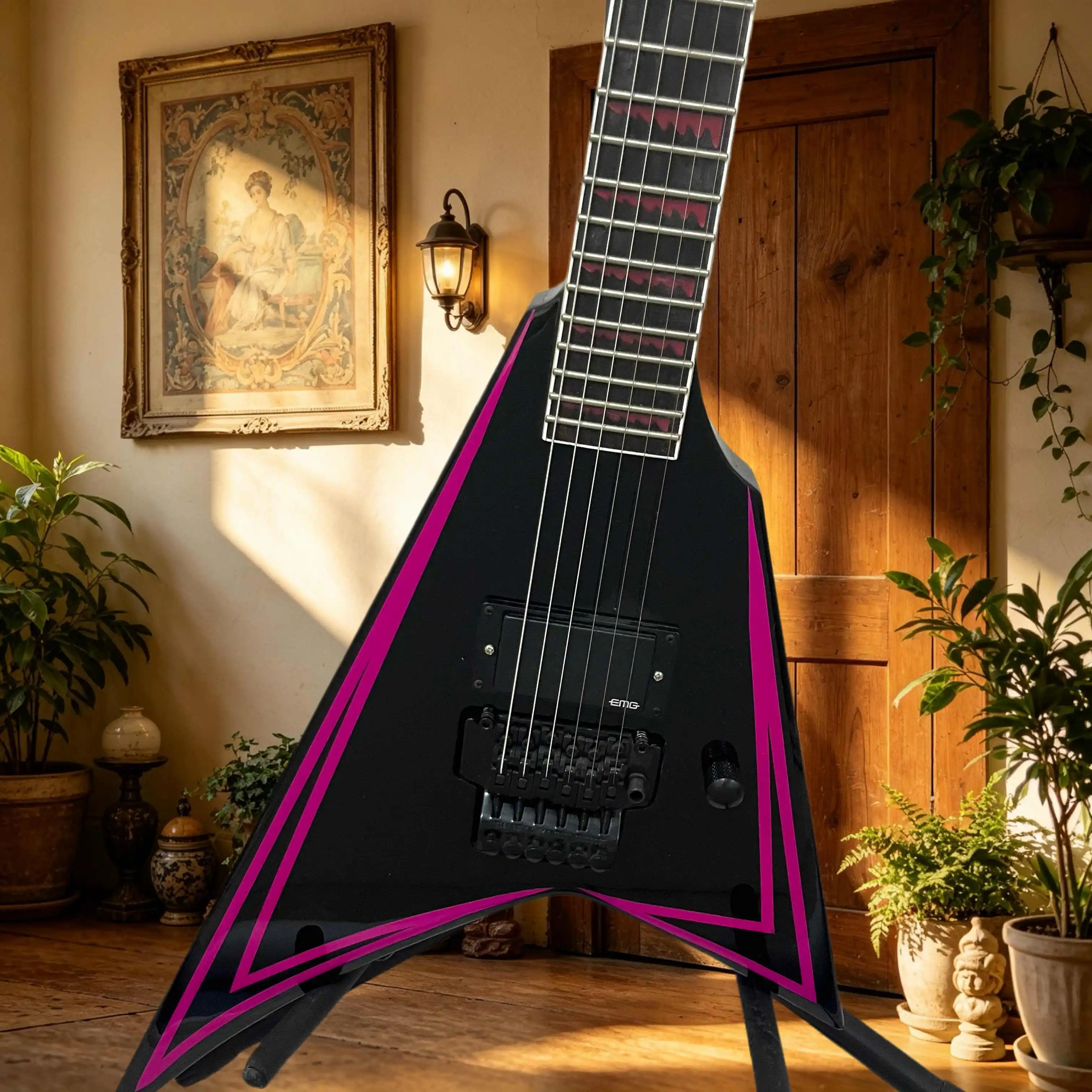 Electric Guitar Black Pink Lines V-shaped Double Rocking Maple Neck 22 Grade Niche Dark Collection Scarce Item Free Shipping