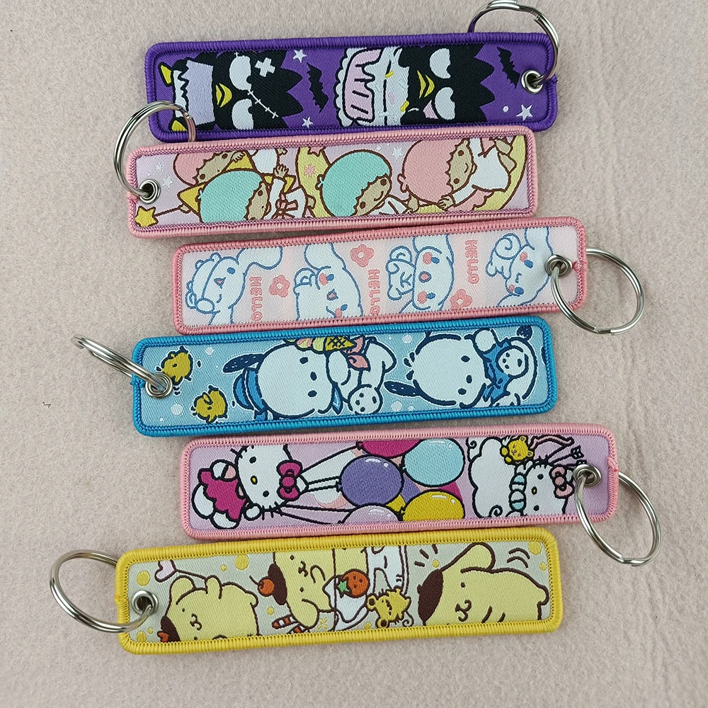 Etiqueta de llaves bordada de Anime, llavero de dibujos animados de Hello Kitty Melody Kuromi, mochila, colgante de llave, accesorios de Cosplay, regalos de navidad